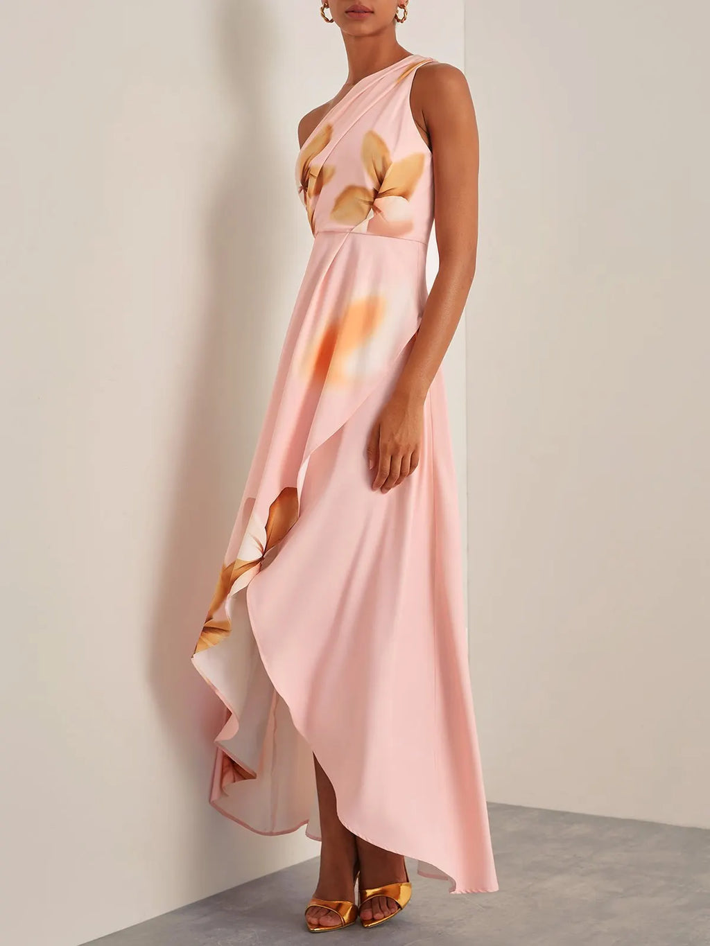 Pink Floral One-Shoulder Slit A-Line Gown