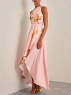 Pink Floral One-Shoulder Slit A-Line Gown