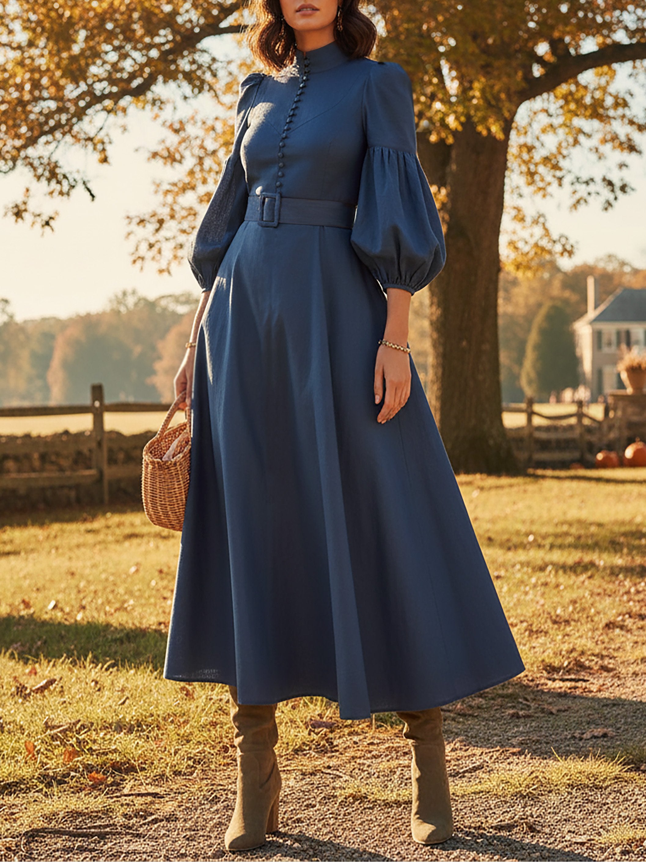 Maxi Cotton Dress, Half Sleeve, Stand Collar, Plain, Belt Design, Vintage, Deep Blue