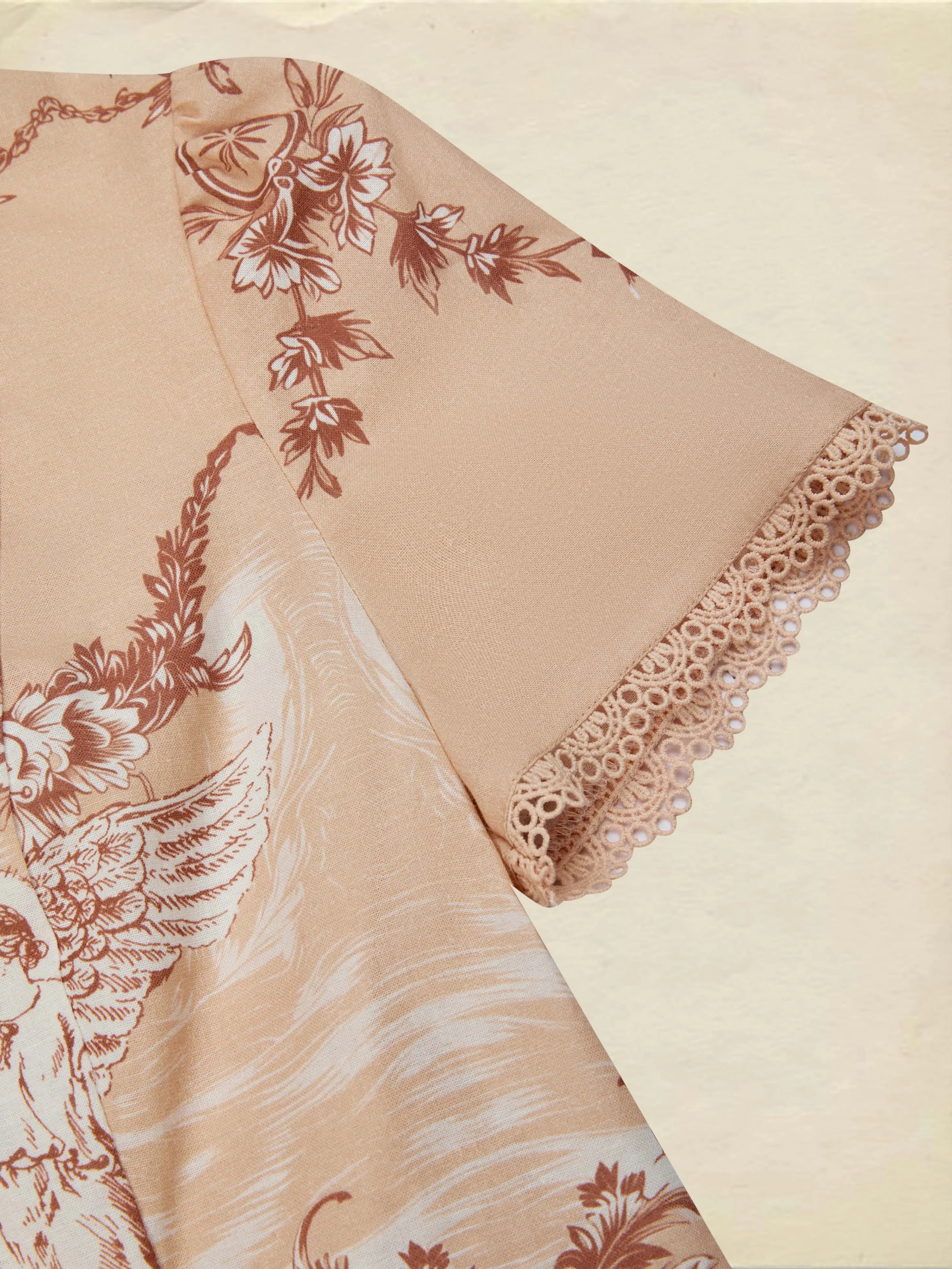 Cotton Shirt, Short Sleeves, Stand Collar, Angel, Lace, Vintage, Caramel