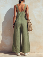 V-Neck Button Front Wide-Leg Denim Overalls