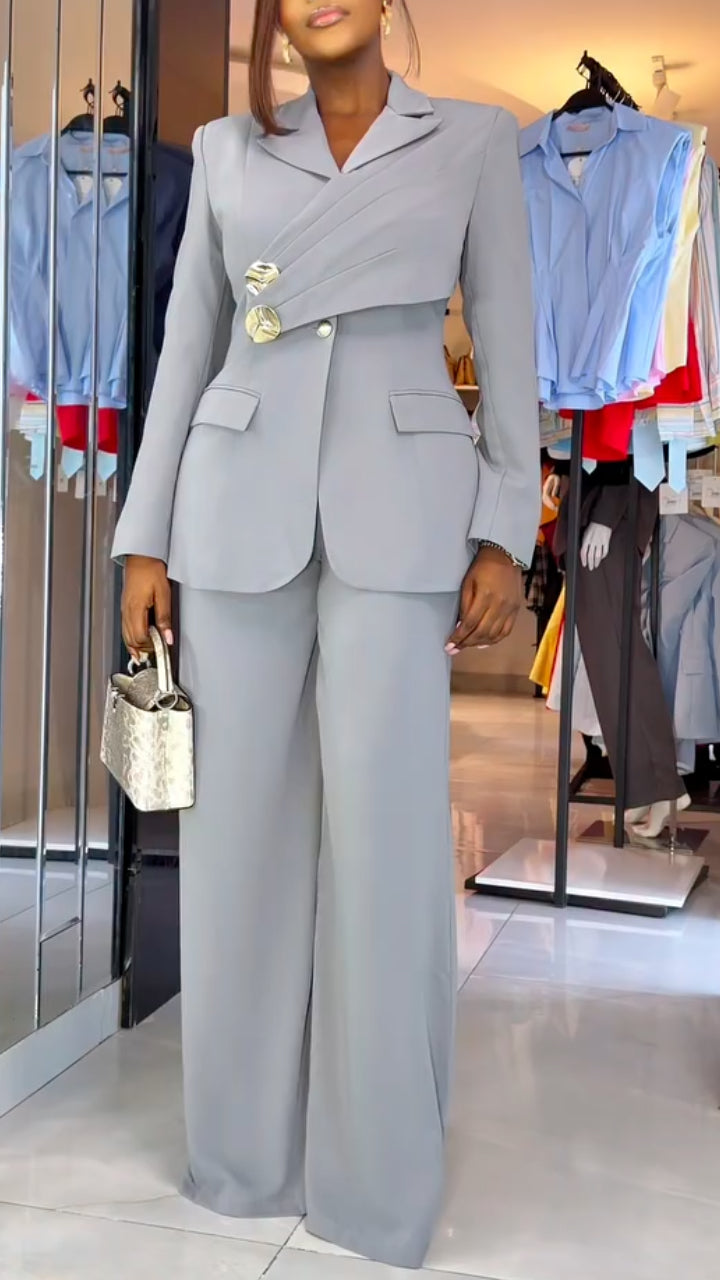 Wrap Detail Blazer & Wide Leg Pant Suit Set