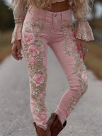 Women's Vintage Rose Floral Embroidery Art Loose Jeans