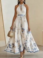 White Pleated Floral Chiffon Halter Sleeveless A-Line Maxi Dress