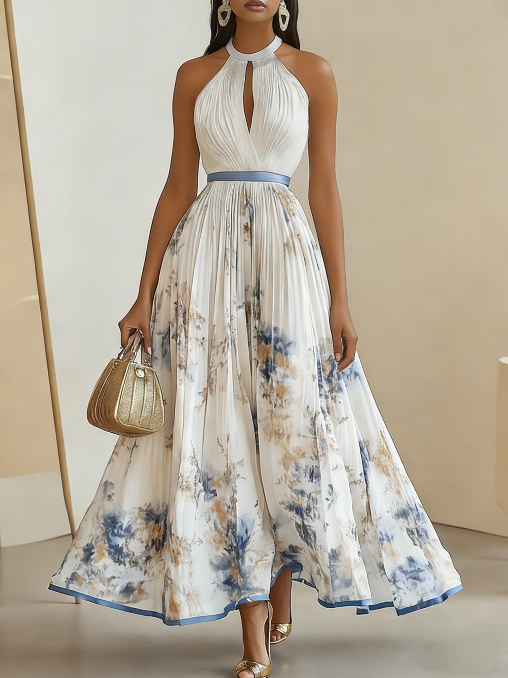 White Pleated Floral Chiffon Halter Sleeveless A-Line Maxi Dress