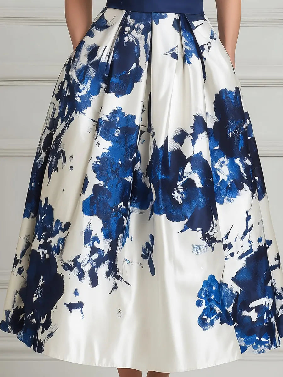 Elegant Floral Satin A-Line Midi Dress