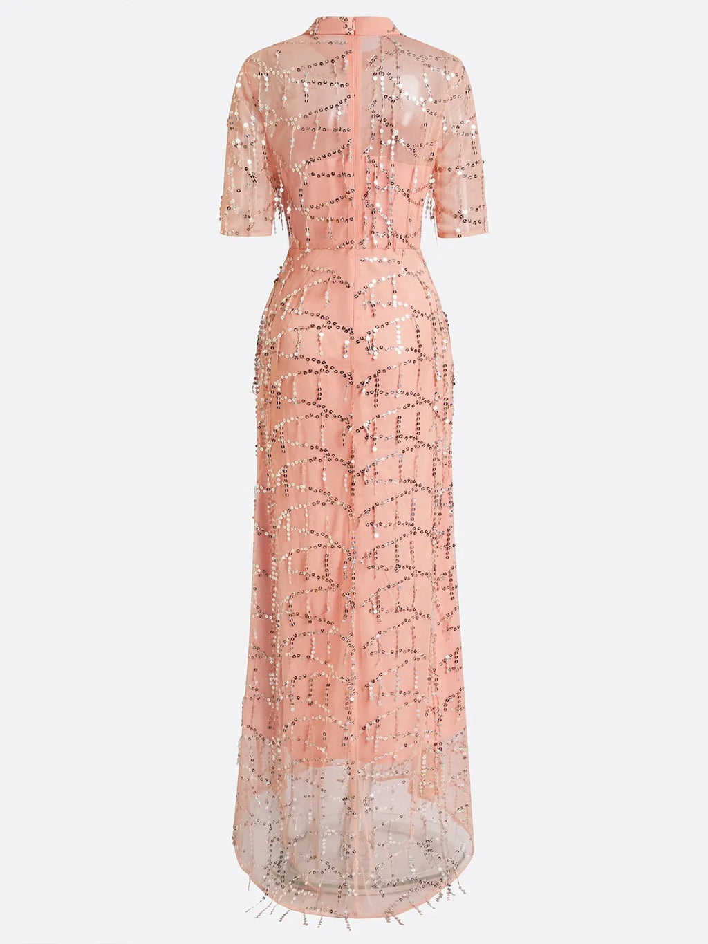 Peach Mesh Lace Crew Neck Half Sleeve Sheath Gown Dress