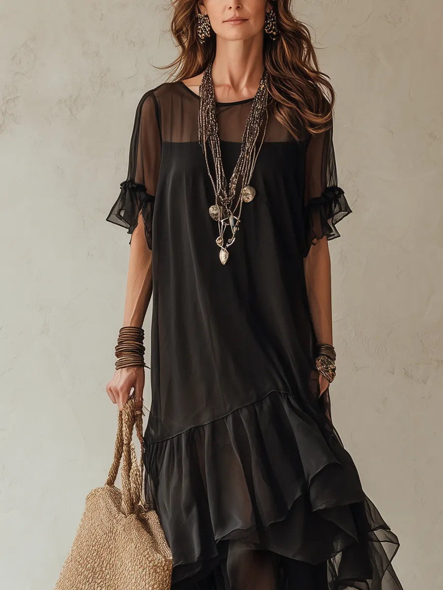 Black Chiffon Long Skirt With Irregular Ruffles