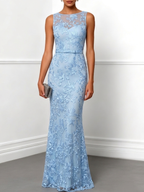 Light Blue Lace Boat Neck Sleeveless Mermaid Floor-length Gown Dress
