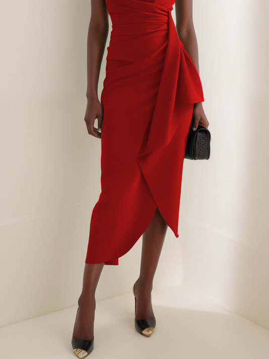 Red Cowl Neck Ruched Cap Sleeve Sheath Midi Dress