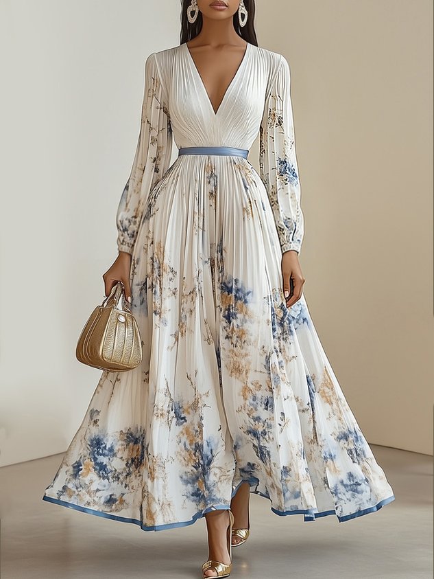 White Pleated Floral Chiffon V Neck Long Sleeve Balloon Sleeve A-Line Maxi Dress