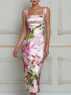 Elegant Floral Square Neck Midi Dress