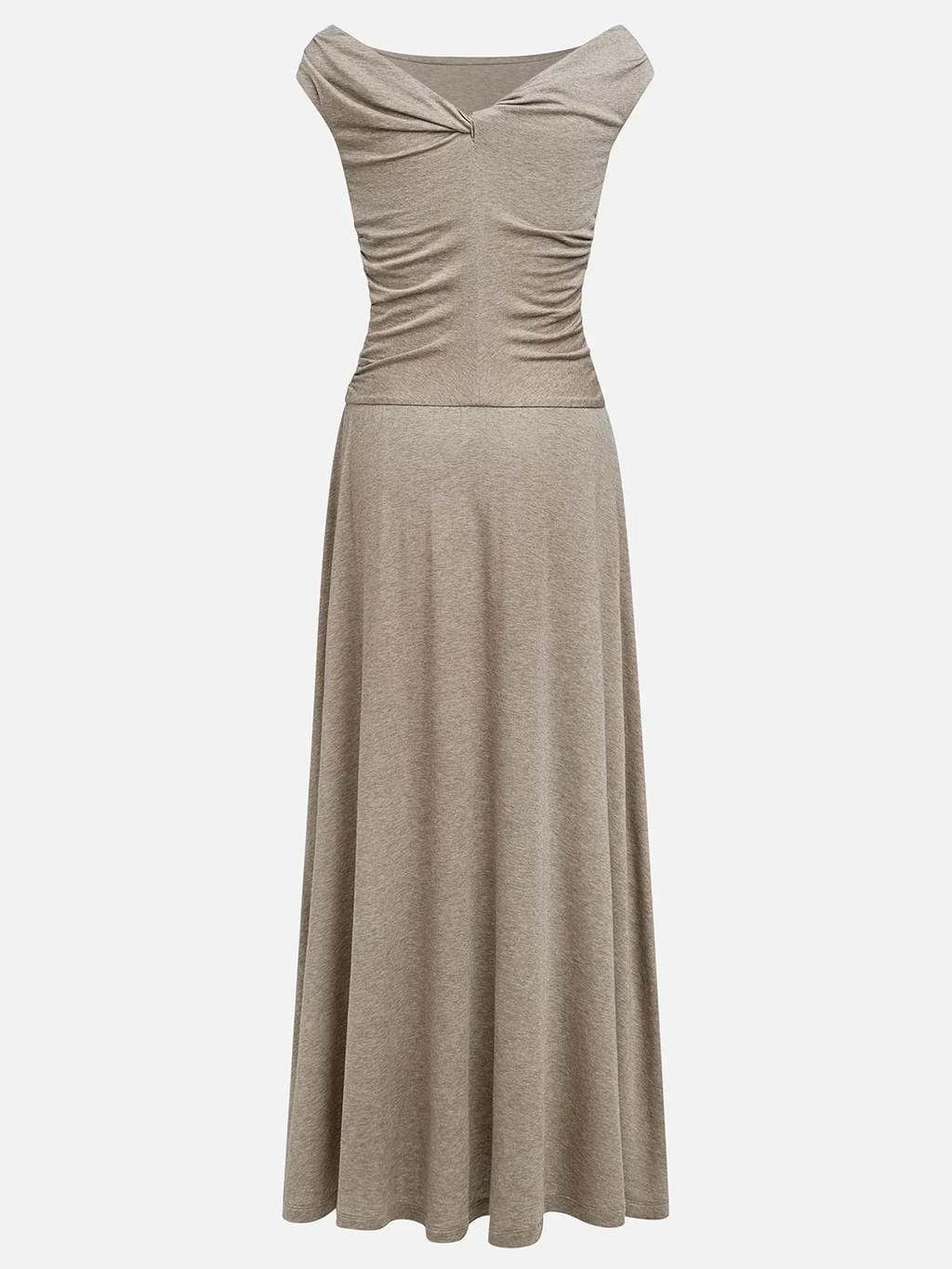 Khaki Lyocell Wool Ruched Knit Versatile One Shoulder/ Off-the-Shoulder Sleeveless A-Line Maxi Dress