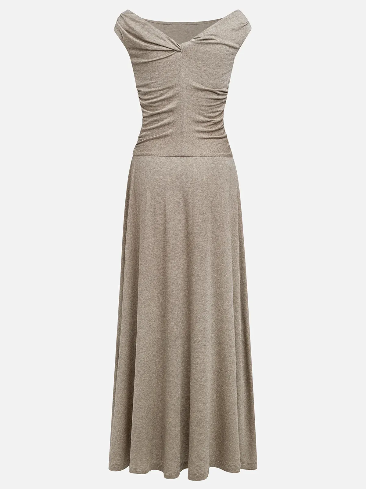 Khaki Lyocell Wool Ruched Knit Versatile One Shoulder/ Off-the-Shoulder Sleeveless A-Line Maxi Dress