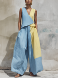 Light Blue & Yellow Colorblock Linen Two Piece Set