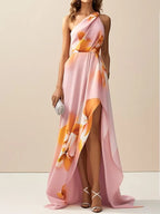 Pink Asymmetric Floral Classic One Shoulder Sleeveless A-Line Maxi Dress