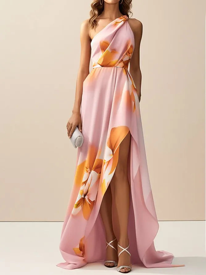 Pink Asymmetric Floral Classic One Shoulder Sleeveless A-Line Maxi Dress