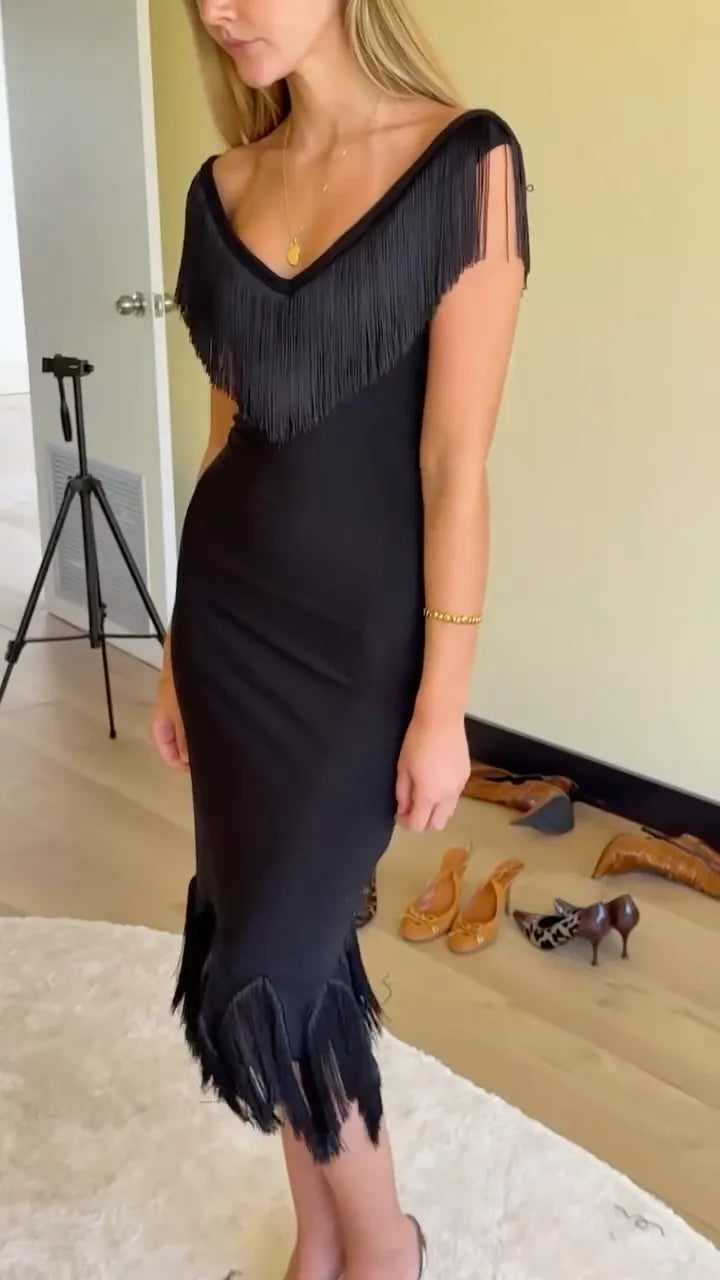 Black Off Shoulder Fringe Midi Dress