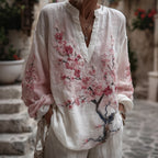Women's Vintage Pink Floral Art Linen V-neck T-shirt