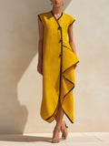 Asymmetrical Linen-Blend Midi Dress With Contrast Trim And Statement Buttons