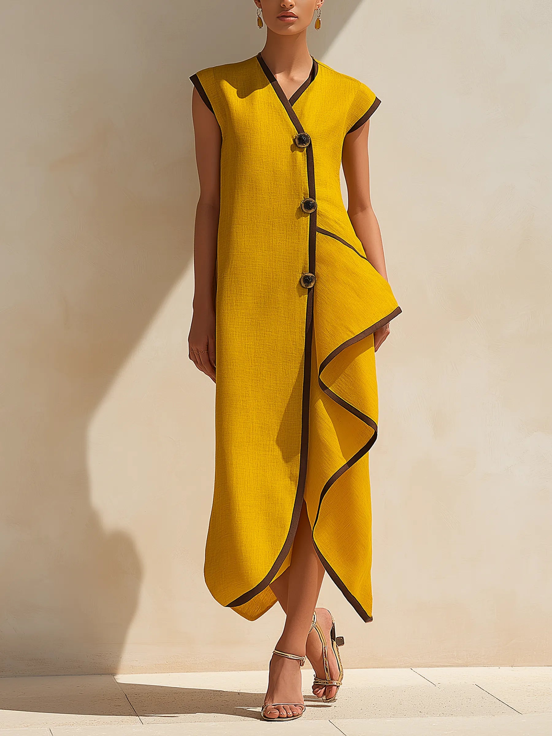 Asymmetrical Linen-Blend Midi Dress With Contrast Trim And Statement Buttons