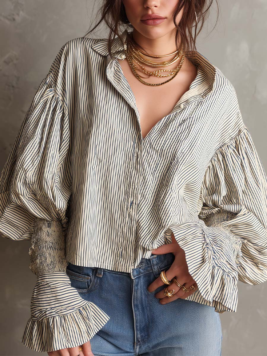 Vintage Boho Cotton Striped Puff Sleeve Shirt