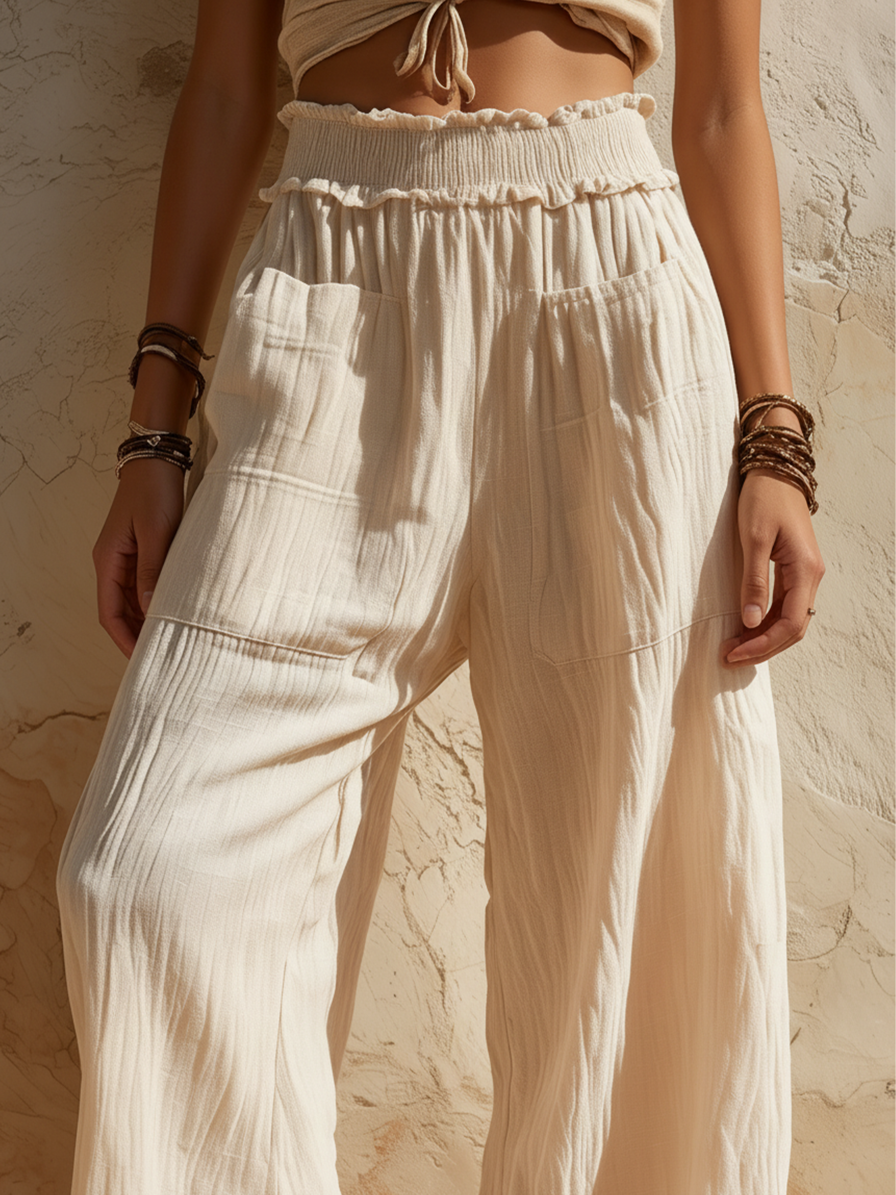 Beige Linen Blend High Waist Wide Leg Pants