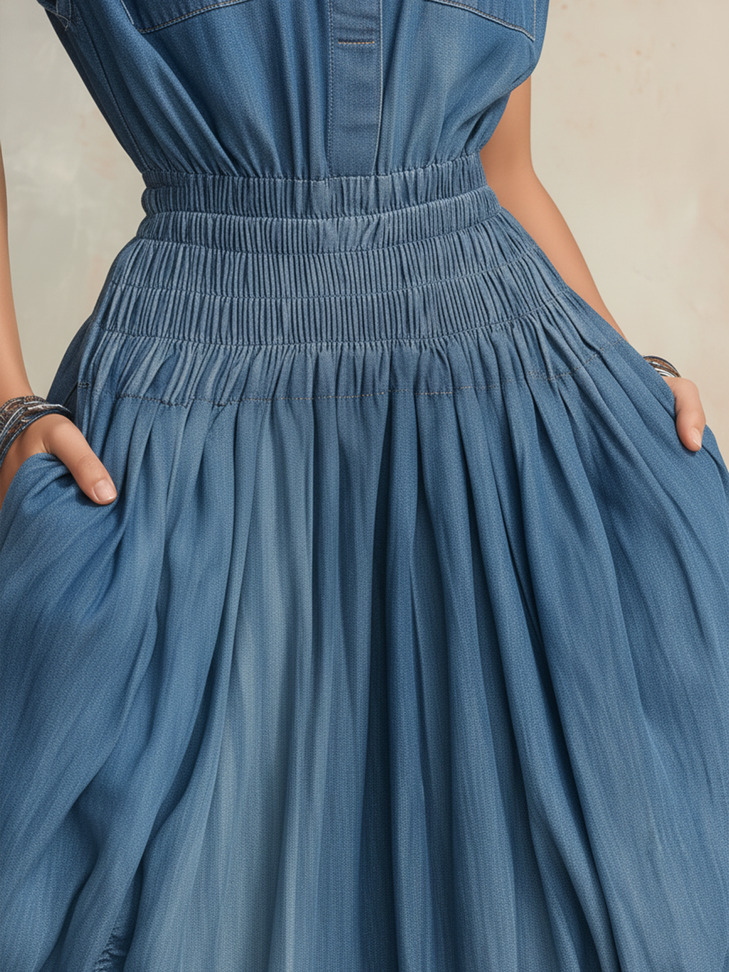 Blue Denim Smocked Waist Ruched Harem Jumpsuit