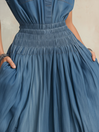 Blue Denim Smocked Waist Ruched Harem Jumpsuit