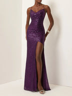 Purple Ruched Slit Sequin Spaghetti Gallus Sheath Gown Dress
