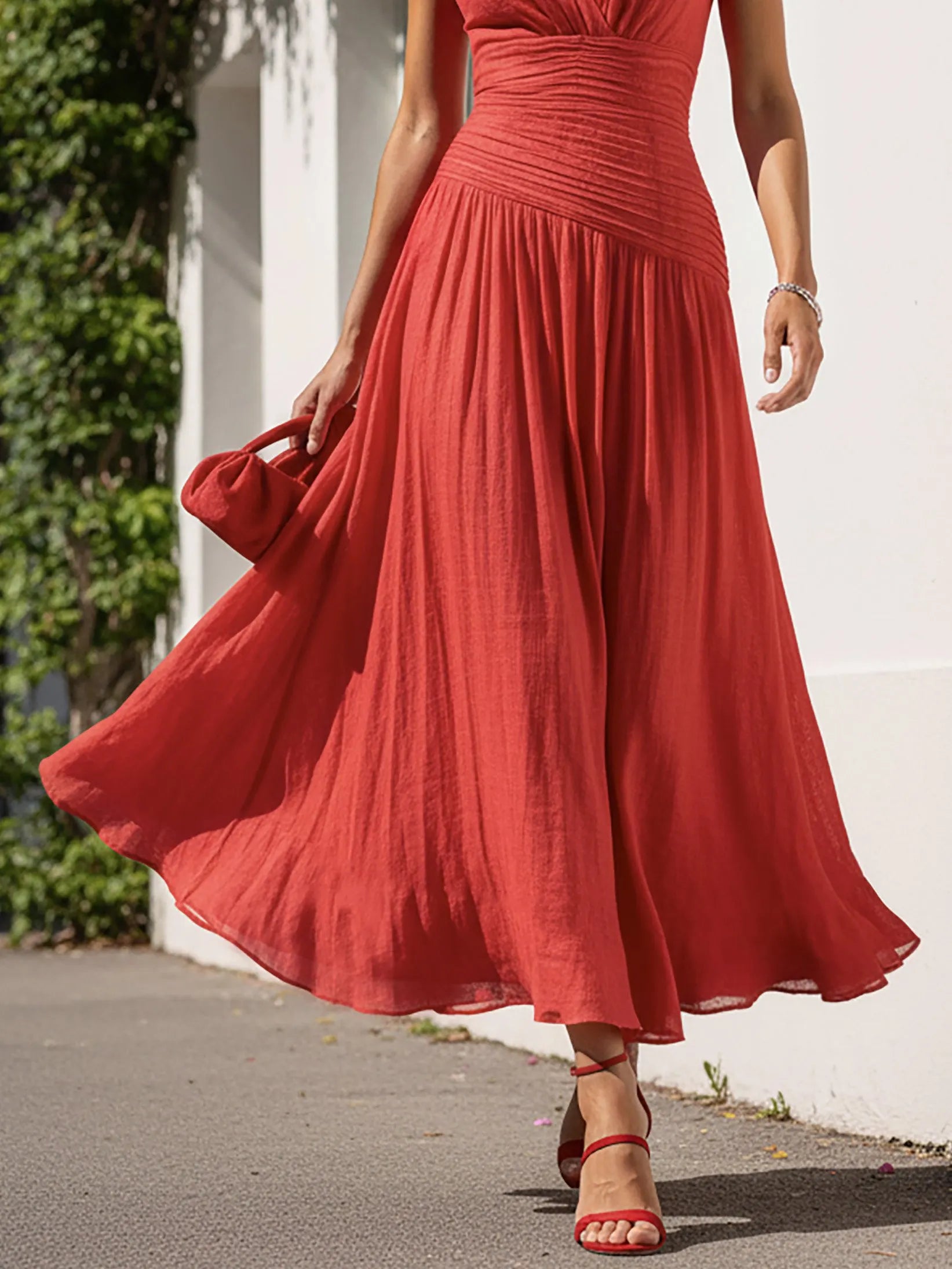 Maxi Linen Dress, Sleeveless, V Neck, Plain, French Vintage, Red
