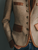 Vintage Eco-Leather Trim Pocket Tweed Jacket