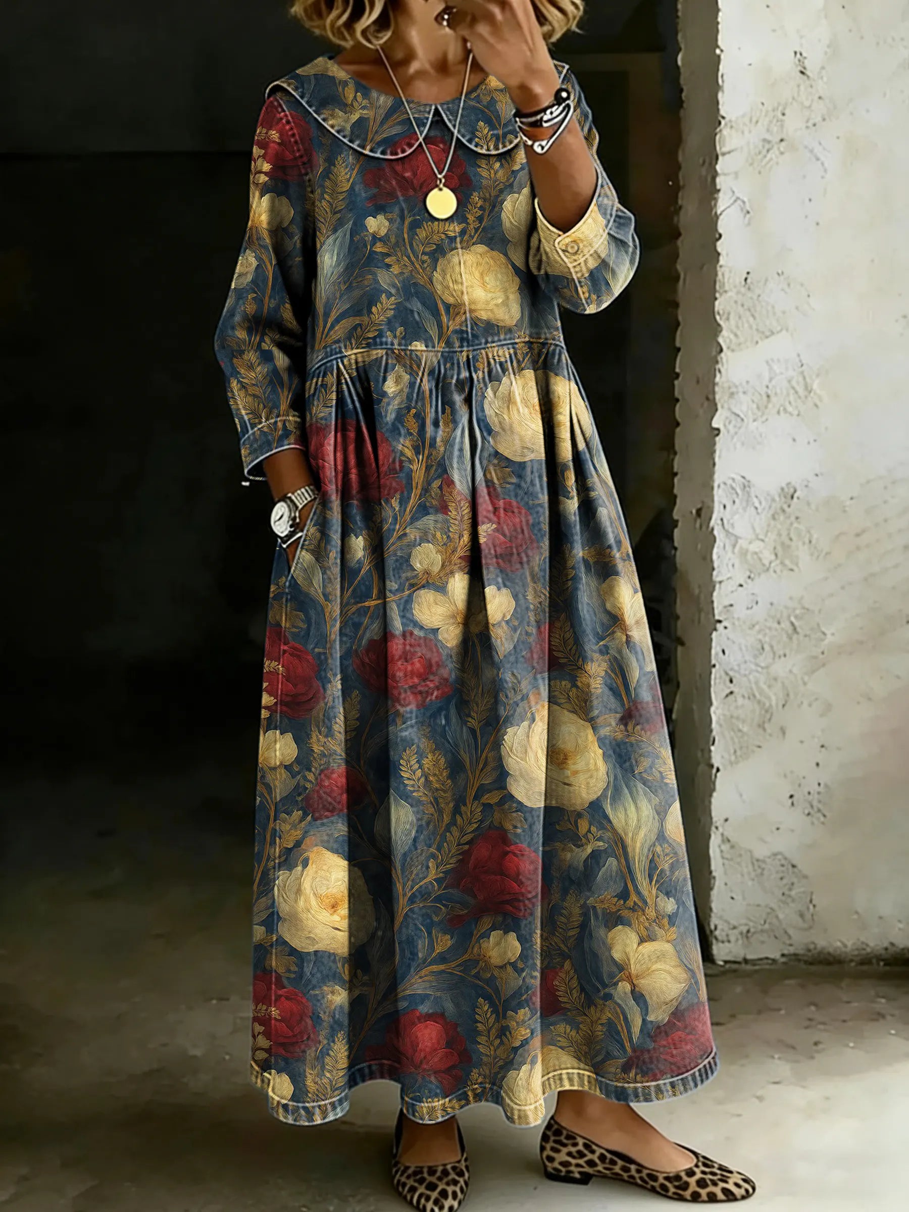 Women's Retro Floral Splicing Long-sleeved Loose-fitting Casual Denim Dress