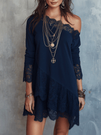 Vintage Lace-Trim Off-Shoulder Mini Dress In Midnight Navy