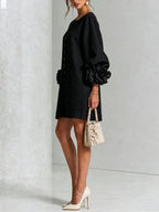 Women's 3D Floral Cuff Balloon Sleeve Mini Dress, Front Floral Button Cotton Linen Blend Shift Dress