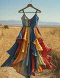 Summer Handmade Lace Denim Patchwork Dress 495b