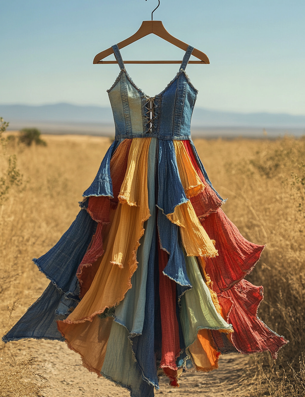 Summer Handmade Lace Denim Patchwork Dress 495b