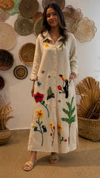 Floral & Bird Embroidered Linen Shirt Midi Dress