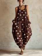 Brown Polka Dot Linen-Blend Loose Sleeveless Jumpsuit