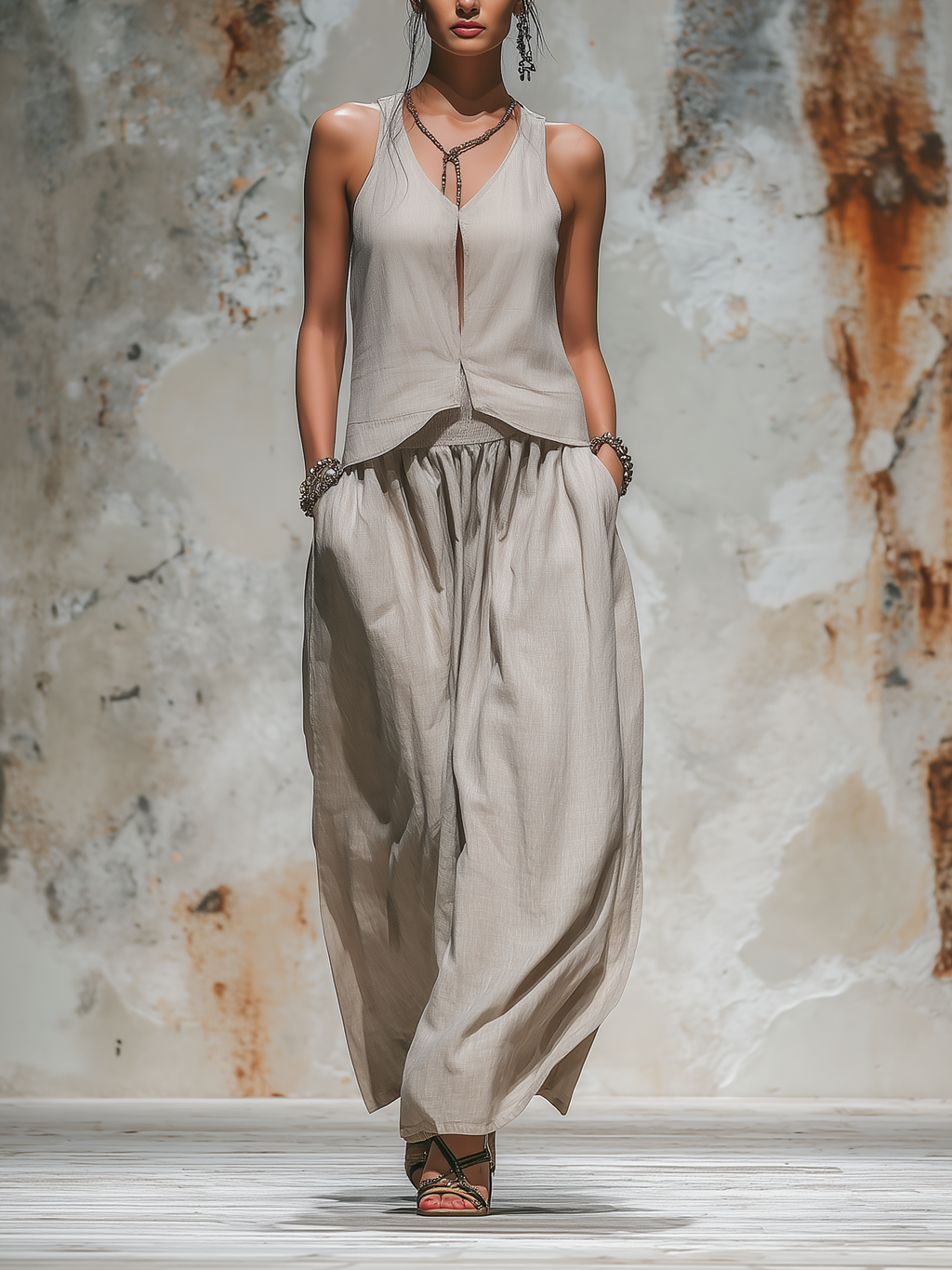 Beige Linen Sleeveless Top & Wide-Leg Pants Set