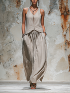 Beige Linen Sleeveless Top & Wide-Leg Pants Set