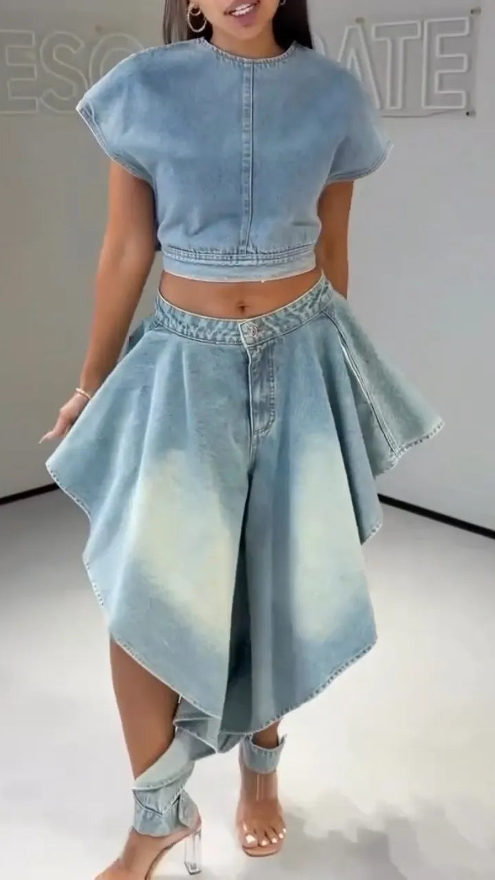 Women's Denim Two-Piece Set: Cap-Sleeve Cropped Top + Asymmetrical Pants