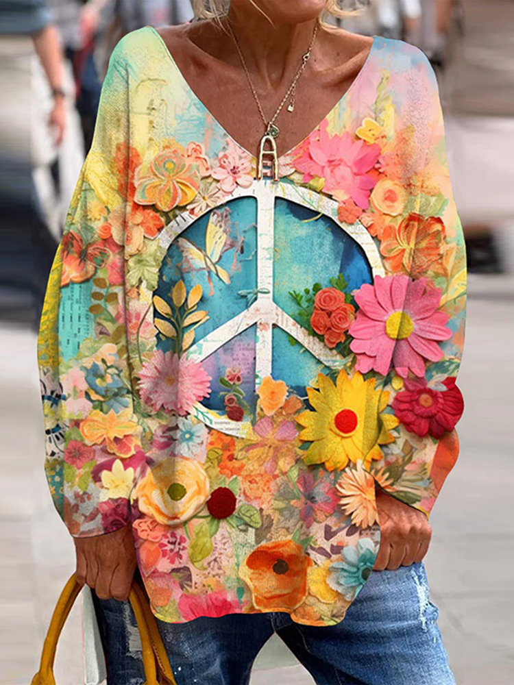 Hippie Vibe Peace And Love Hippie Floral Painting Art Cozy T Shirt
