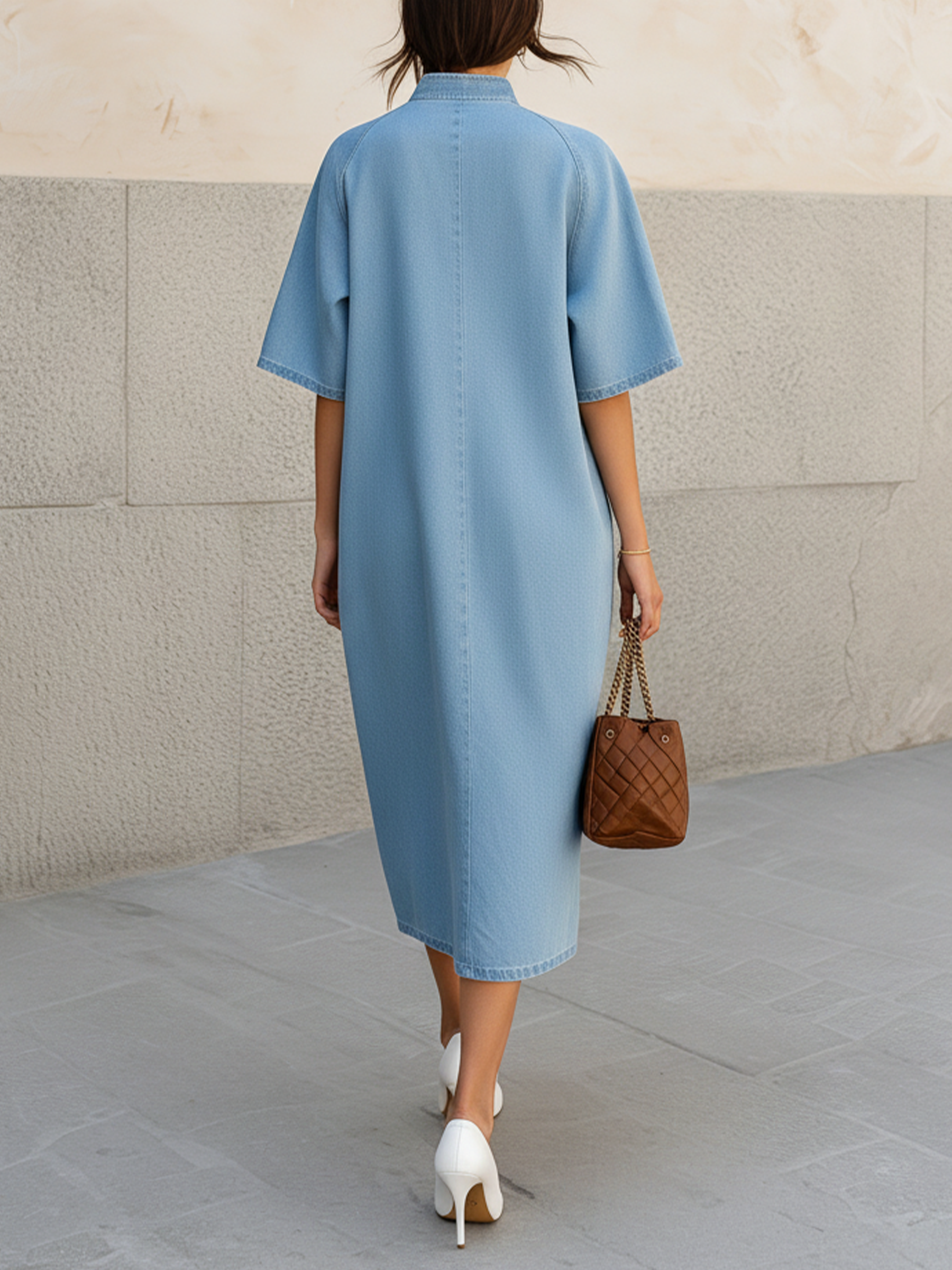 Light Wash Denim Half-Zip Midi Dress
