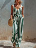Casual Sleeveless Striped Linen-cotton Jumpsuit