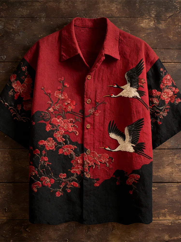 Vintage Japanese Plum & Crane Linen Short Sleeve Shirt