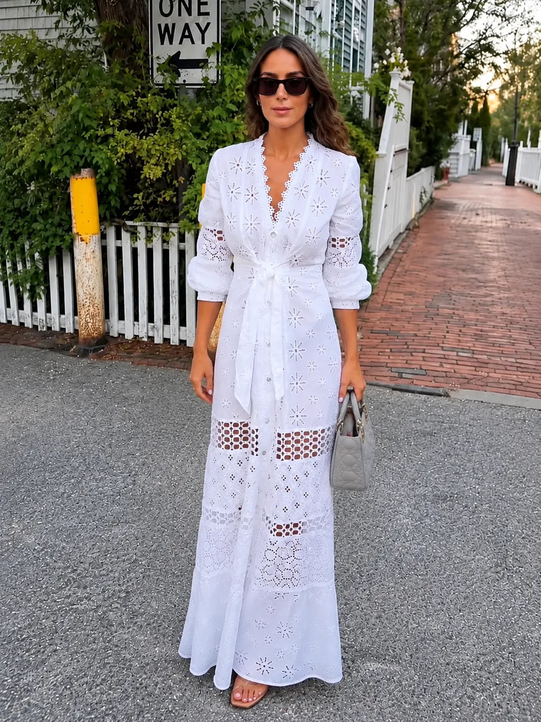 White Eyelet Button‑Front Maxi Dress