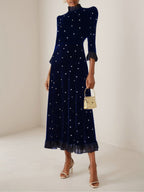 Black Beaded Ruffled Mock Neck Three Quarter Sleeve A-Line Maxi Velvet Dress