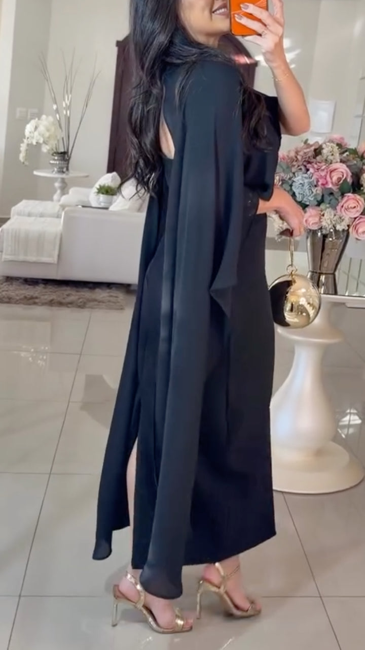 High Neck Cape Sleeve Layered Midi Dress