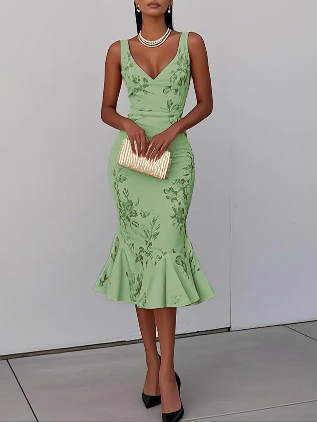 White Pink Floral V Neck Sleeveless Mermaid Midi Dress